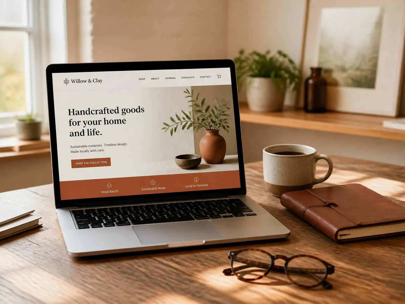 A laptop showing a small business website, sitting on a warm wooden desk in natural light.