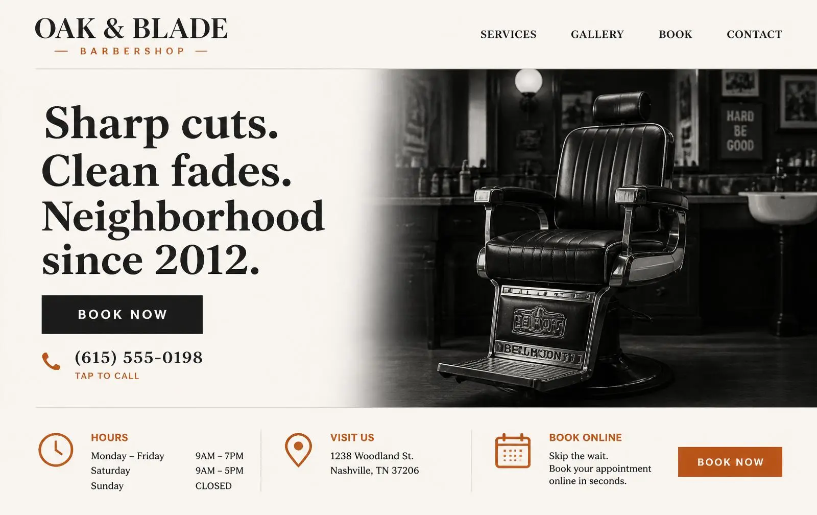 Barbershop website concept: hero with booking, gallery, and tap-to-call.