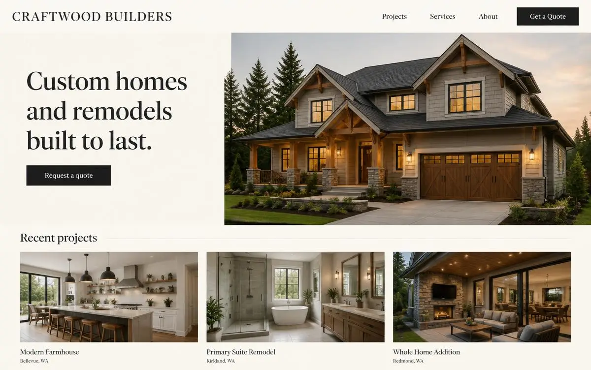 General contractor project showcase website concept.