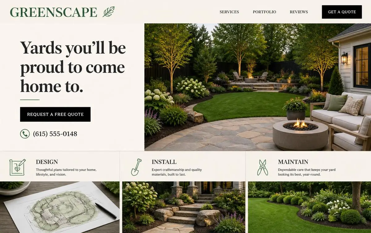 Landscaping website concept: photo-led homepage with quote request.
