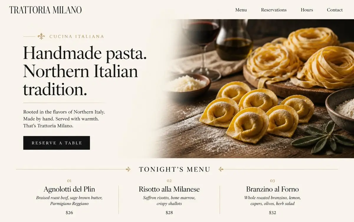 Restaurant website concept: menu-forward homepage with reservations.